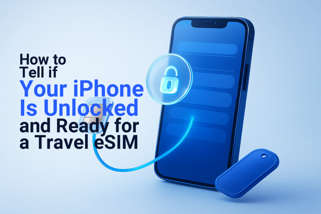 Unlocked iPhone beside an eSIM chip and an international travel route.