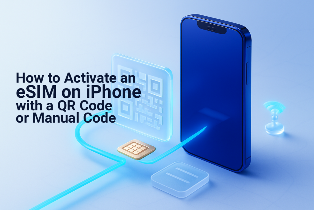 QR and manual eSIM activation methods connecting to an iPhone travel-data line.