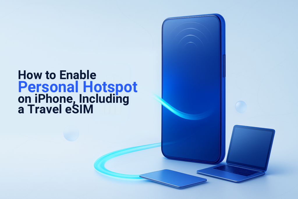 iPhone sharing travel eSIM data with a laptop and tablet through Personal Hotspot
