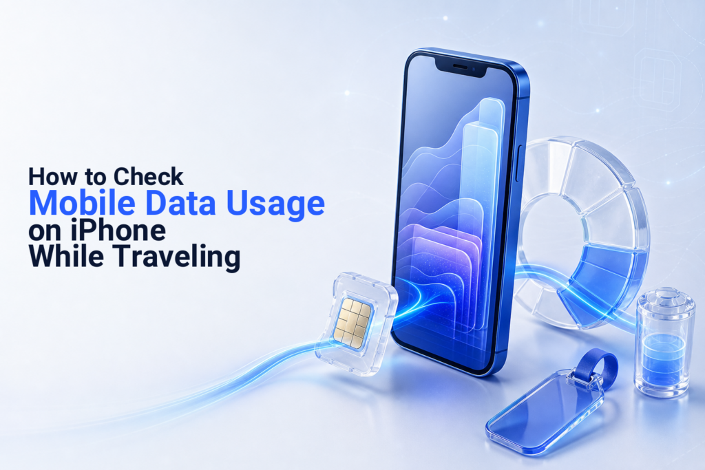 iPhone beside a travel eSIM chip and data-use indicators
