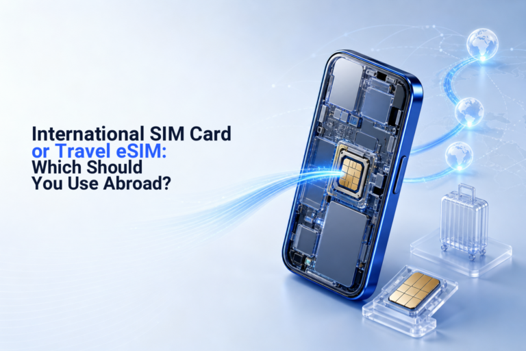 A smartphone and a physical SIM card shown as two international travel connectivity choices