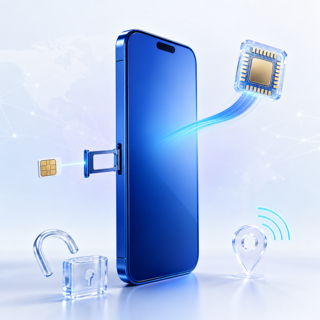 A physical SIM insertion path contrasted with a digital eSIM installation path on a smartphone