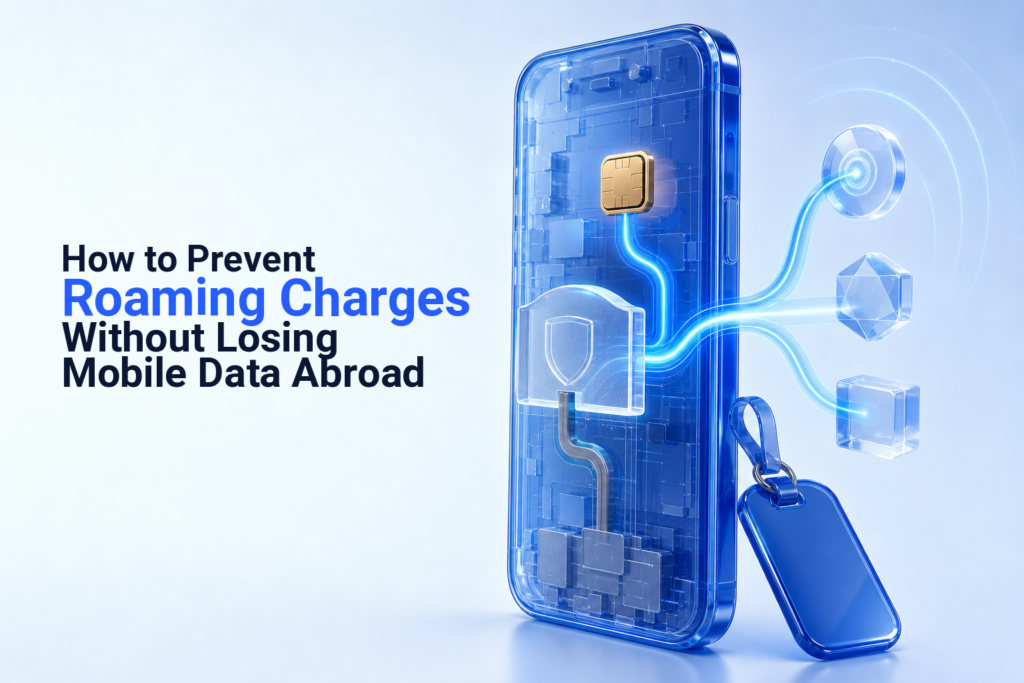 A phone uses a travel eSIM while a separate home line is protected from roaming data