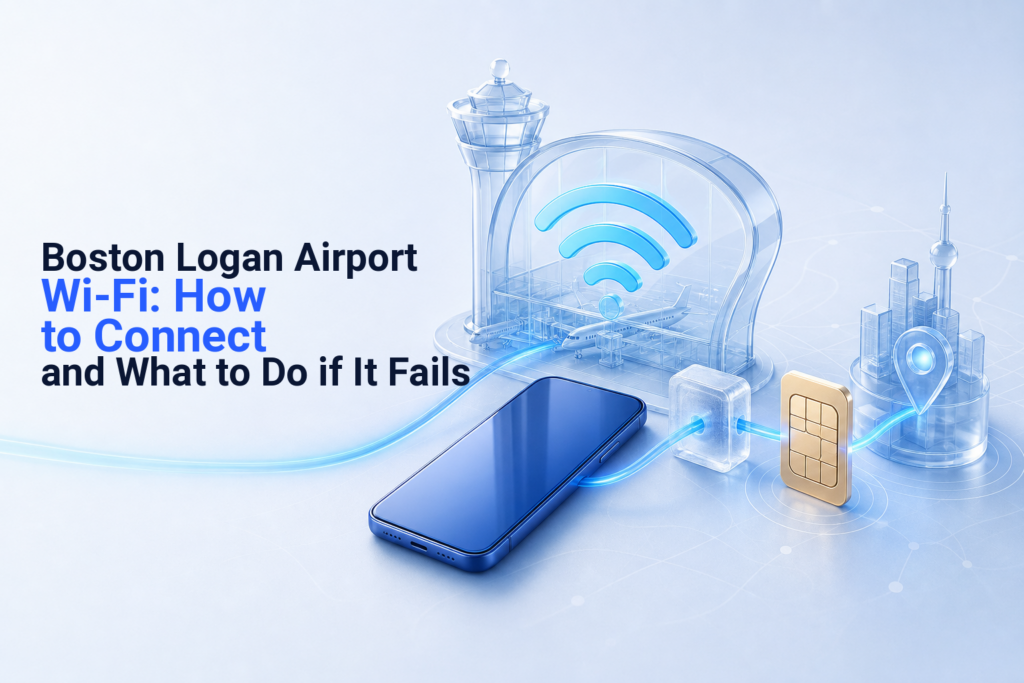 Smartphone, suitcase, and eSIM chip showing airport Wi-Fi and onward mobile data