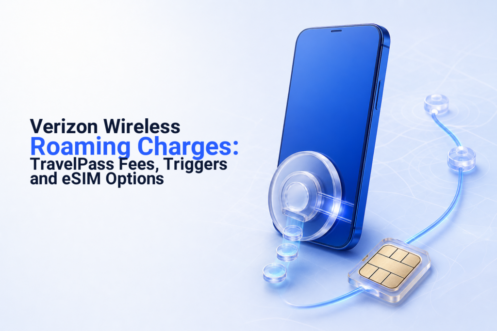 A phone and travel eSIM show separate paths for Verizon roaming and local mobile data abroad.