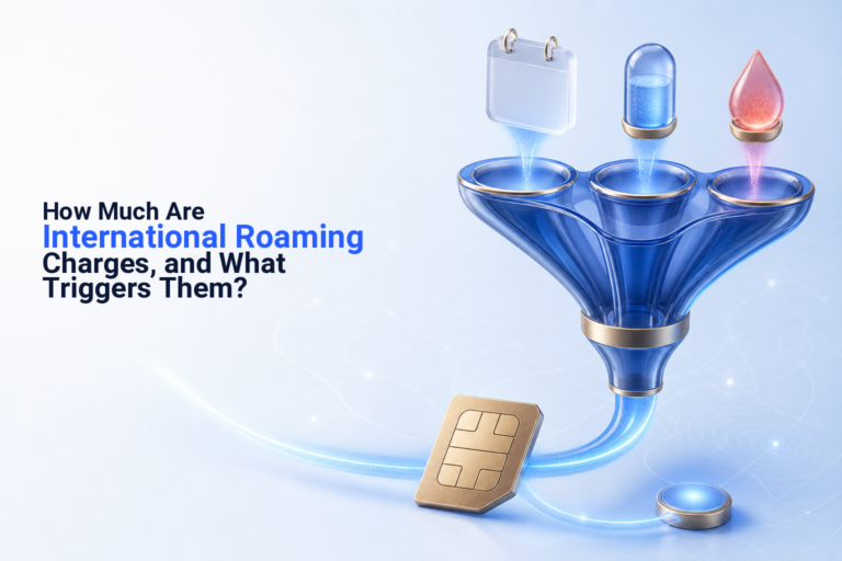Phone, eSIM chip, suitcase tag, and price marker illustrating international roaming choices