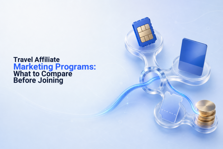 Travel creator comparing several affiliate offers around a globe and a digital eSIM chip