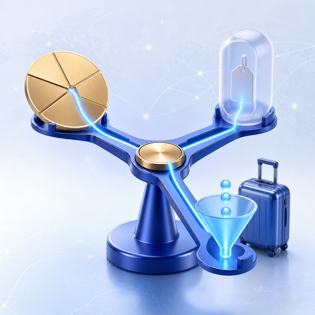 Three balanced commission model symbols for percentage, fixed fee, and recurring payments