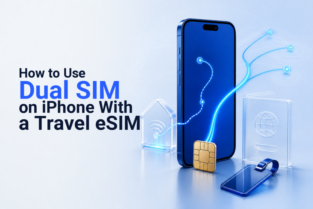 An iPhone with separate home and travel eSIM connections for international mobile data