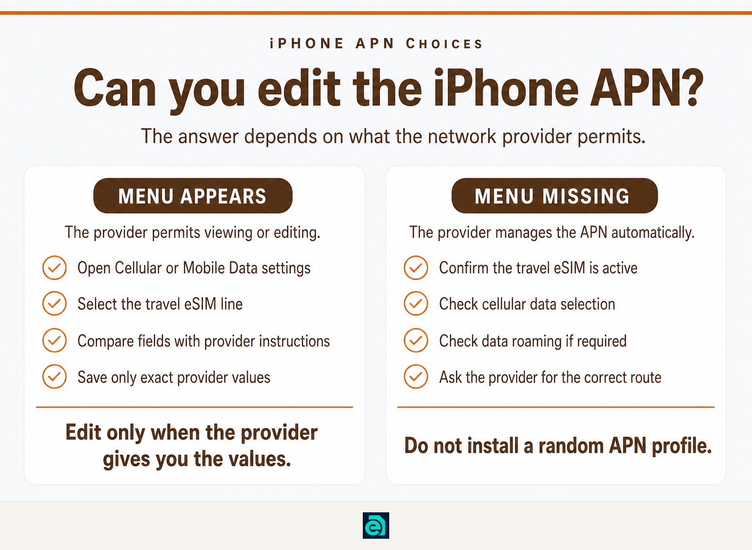 Comparison of editable and provider-managed APN settings on iPhone