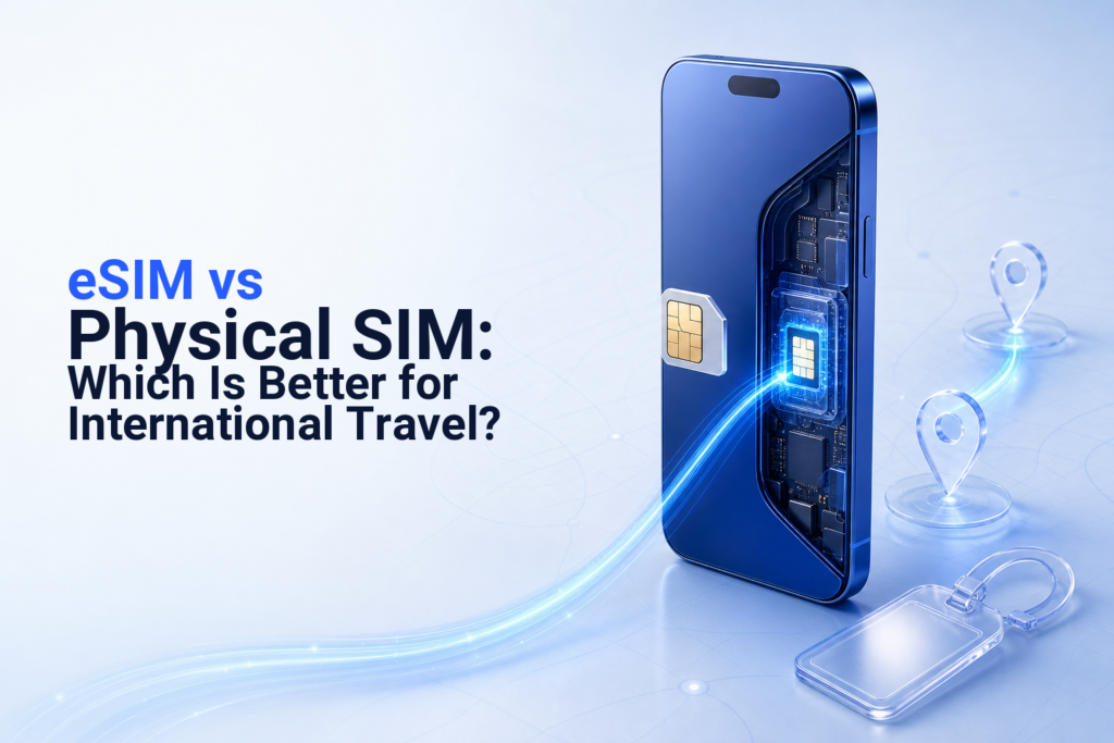 A smartphone comparing a digital eSIM profile with a removable physical SIM for international travel