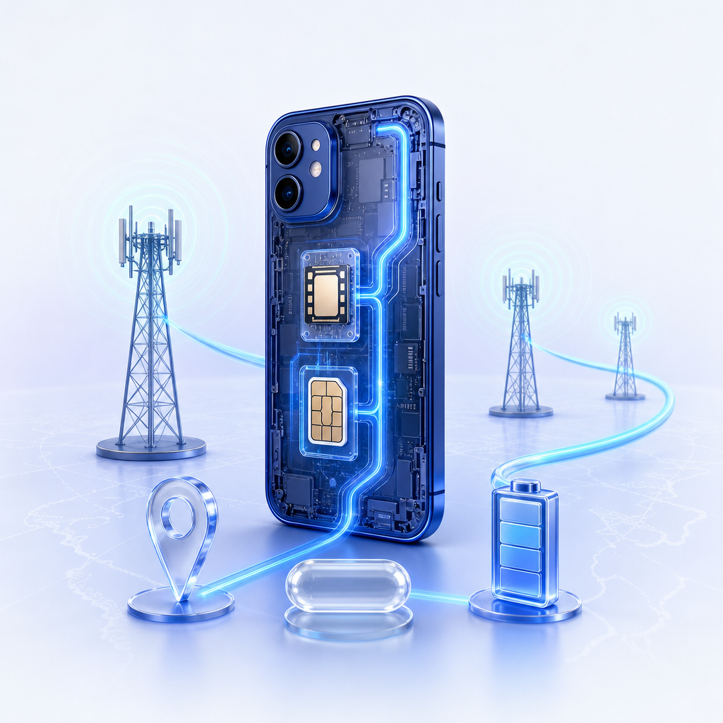 A phone linked to several mobile towers to illustrate coverage and plan factors