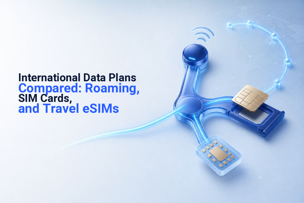A smartphone compares roaming, physical SIM, regional eSIM, and global eSIM options for international travel.