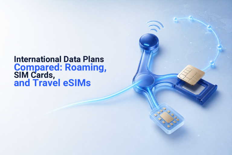 A smartphone compares roaming, physical SIM, regional eSIM, and global eSIM options for international travel.