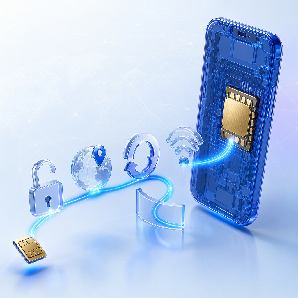 An eSIM chip reaching a phone through four checkpoints: region, carrier lock, updates, and Wi-Fi