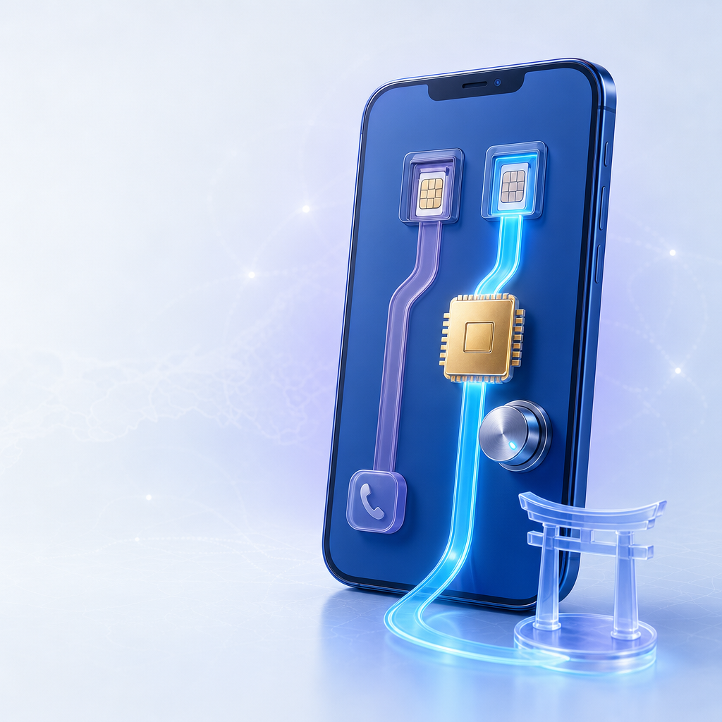 A dual-SIM phone showing a home line for calls and a Japan eSIM selected for mobile data.