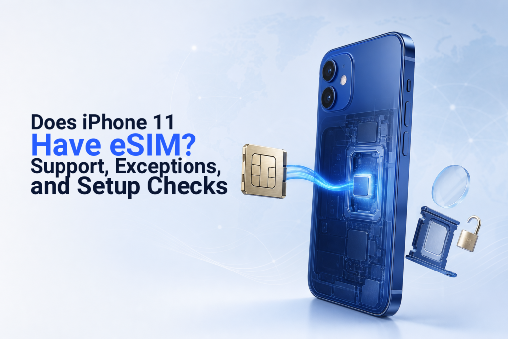 iPhone 11 with an eSIM chip and a separate dual physical-SIM tray representing regional compatibility differences